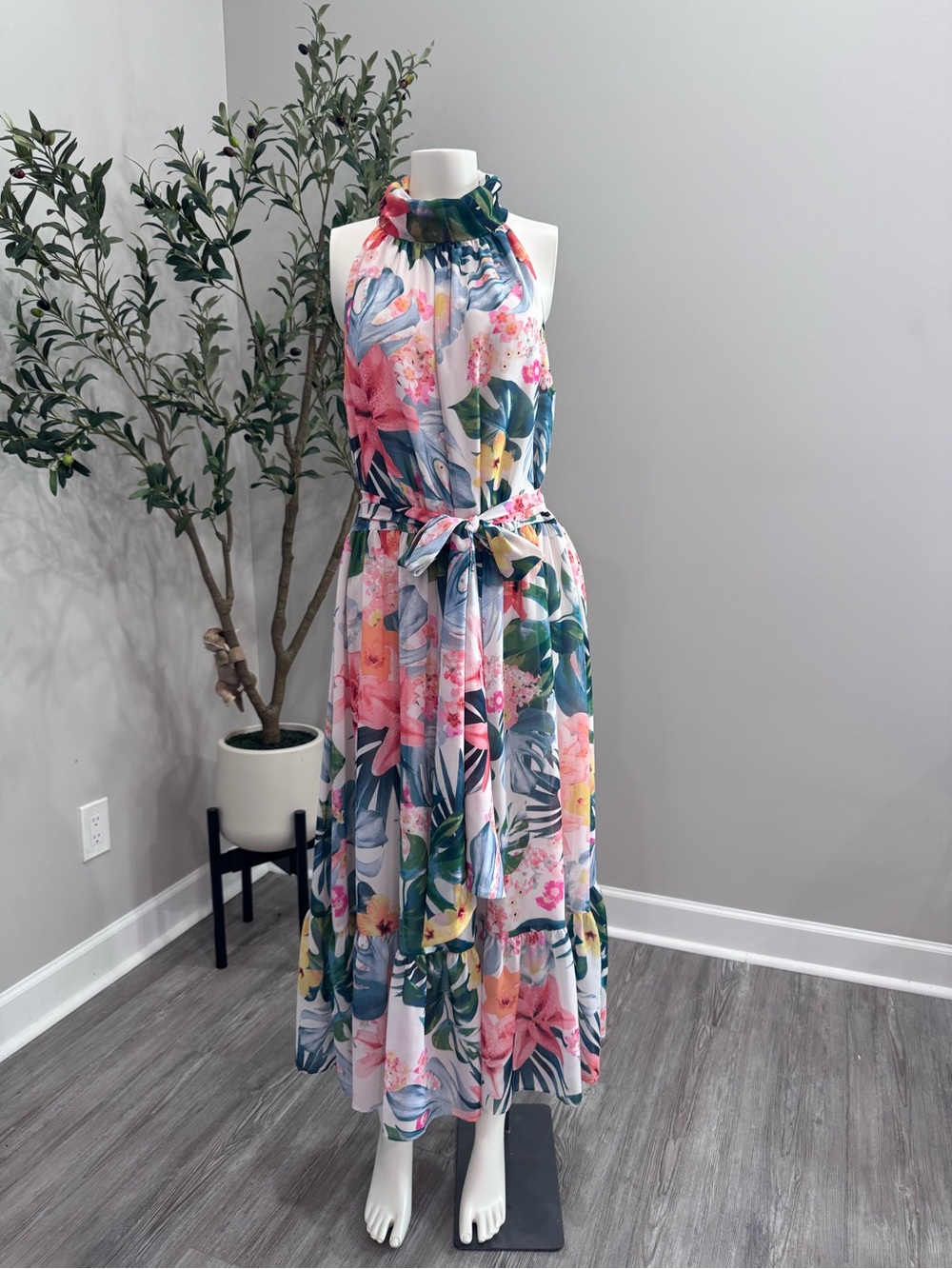 Floral Halter Maxi Dress in Pink and Green